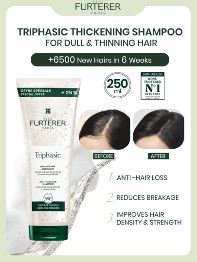René Furterer 三合一丰盈洗发露，250毫升，专为细软发质设计 | 防脱发，增加发量和强韧度，减少断裂，控油 | 温和强韧洗发露 | 蕴含ATP和巴西人参提取物，沙龙级护发体验 | 圣诞节、毕业典礼、生日礼物的理想之选 | 适合派对、约会、旅行、海滩、户外活动、校园等场合 | 滋养头皮 | 保湿秀发 | 不含硅油 (8.45 液盎司 / 250毫升)
