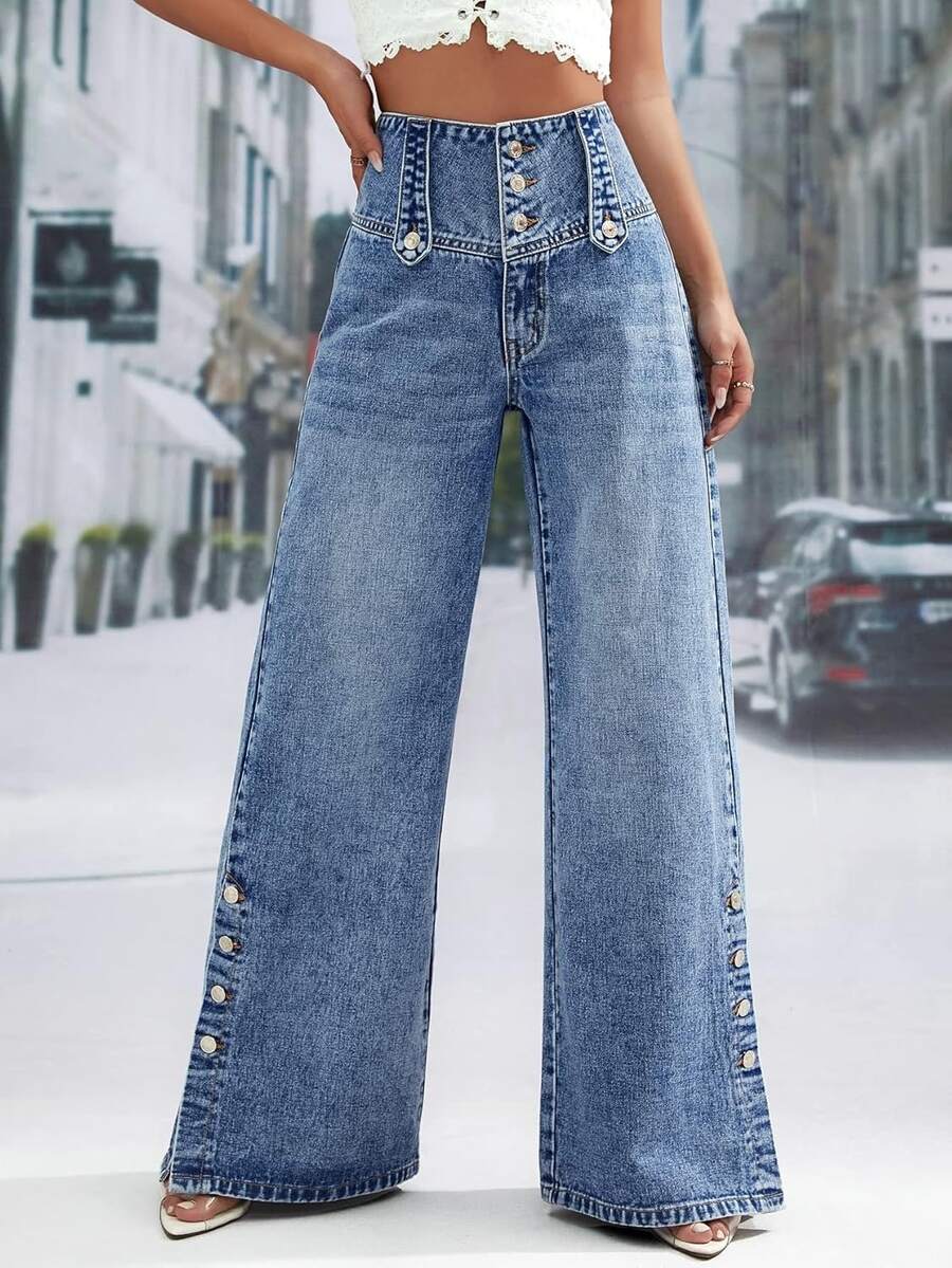 Magic Mia Women's High Waisted Wide Leg Jeans - Vintage Flare Denim Pants With Multi-Button Front & Side Accents | Retro Loose Fit For Streetwear, Casual & Everyday Style - 藍色 - 查看 1