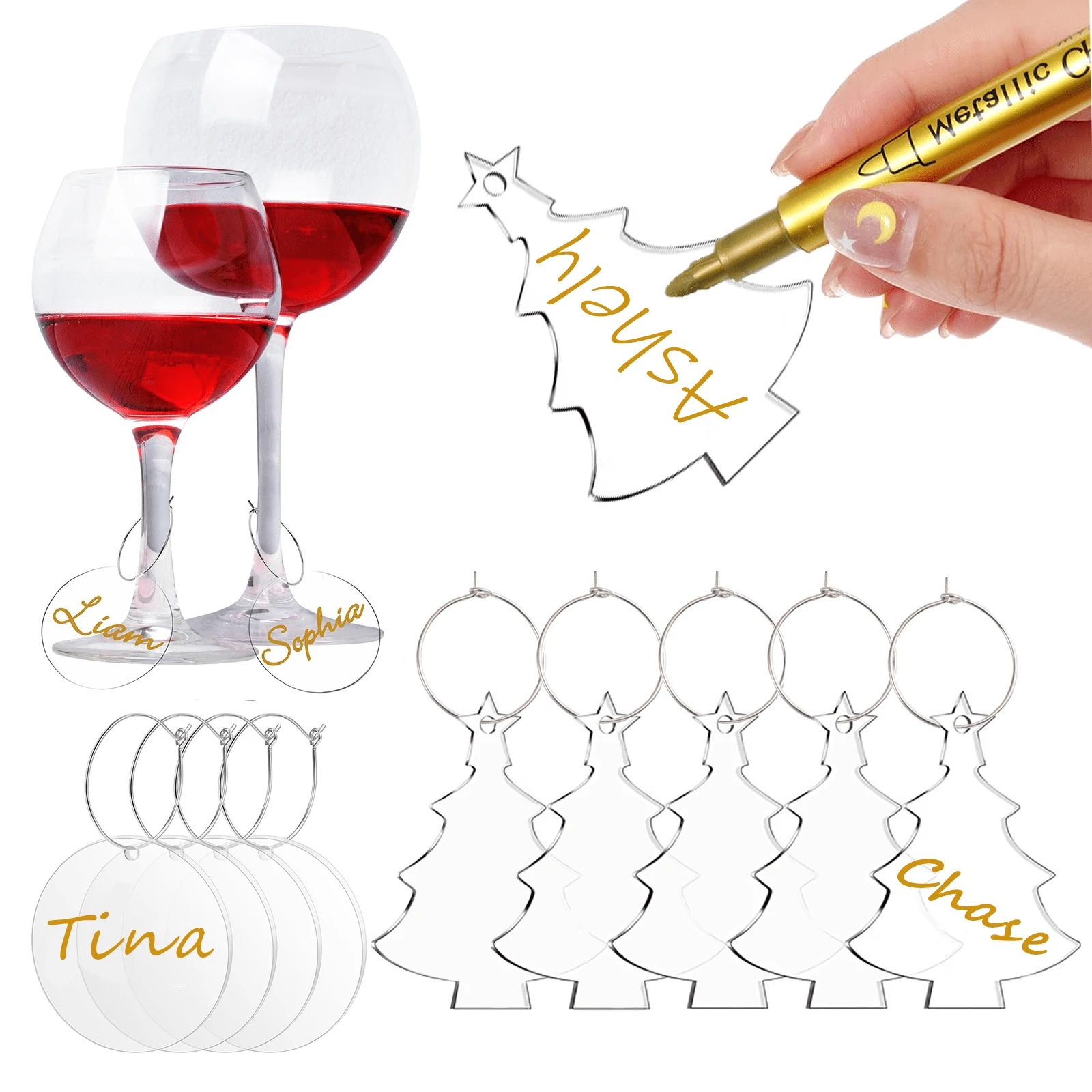 20 pingentes de acrílico para taças de vinho, pingentes de acrílico para taças de vinho, pingentes transparentes em formato de árvore de Natal e círculo, etiqueta de identificação para taças, marcadores de bebidas, decorações para festas de degustação de vinho, perfeitos para festas de Natal - Multicolorido - Ver 1