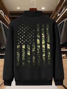 Men's "Camouflage American Flag" Military Style Graphic Bomber Jacket, Urban Fashion Style, Ideal For Military Enthusiasts & Casual Wear - 黑色 - 查看 3