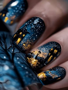 Paznokcie na Halloween w kolorze niebieskim, 24 sztuki sztucznych paznokci, naklejki na paznokcie na jesień, sztuczne paznokcie, paznokcie na Halloween, jesienne paznokcie do naprasowania, paznokcie do naprasowania