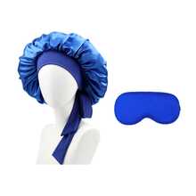 طقم من قبعة نوم طويلة الشعر للنساء بألوان سادة مع ربطات، قبعة مكياج بشرائط طويلة، وقناع نوم من الحرير الصناعي بلون سادة