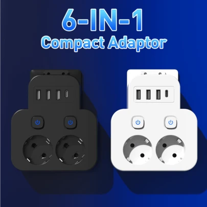 2AC Outlet + 3USB + 1 Type-C Multi-Function Travel Adapter Converter, Compact Portable Wall Plug Socket Extender Suitable For Office, Travel, Gaming, Home, School