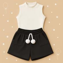 Children's And Youth Set Basic Tank Top + Ribbed Shorts With Pompom Super Stylish 2-Piece Kit For Girls And Teenagers Spring Summer CJI039 - Black and Off - View 2
