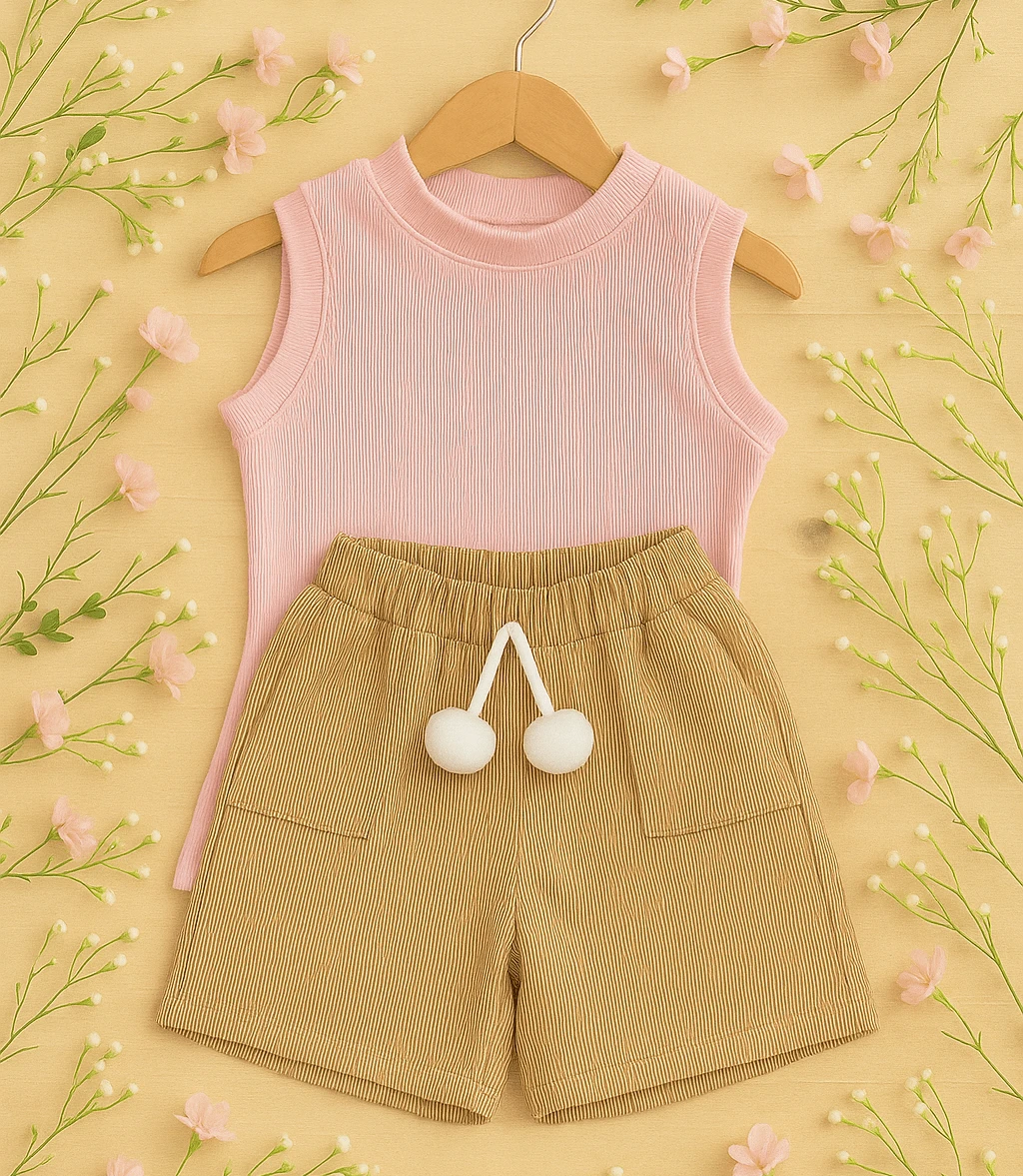 Children's And Youth Set Basic Tank Top + Ribbed Shorts With Pompom Super Stylish 2-Piece Kit For Girls And Teenagers Spring Summer CJI039 - Nude and Baby Pink - View 1