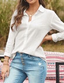 Women's Cotton Linen Blouse Long Sleeves Plus Size - 查看 3