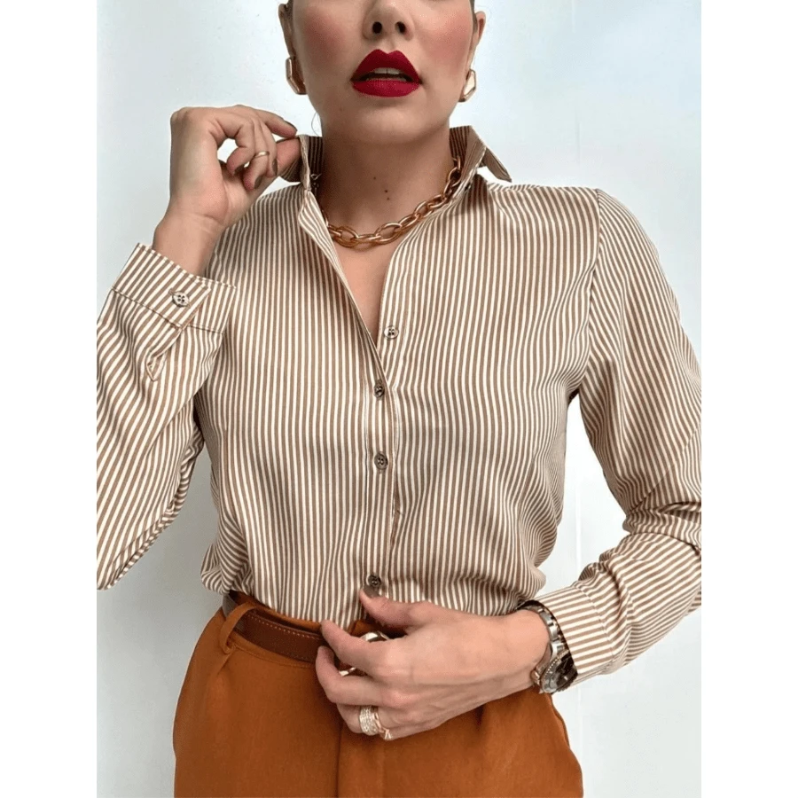 Striped Long Sleeve Dress Shirt Women's Fashion - 米色社交 - 查看 1