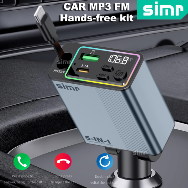 simr Simr 5-In-1 Metal Bluetooth Car MP3 Player FM Transmitter Retractable Fast Charging Car Charger, PD30W QC3.0 Type-C Mobile Phone Charger Retractable Phone Charger For Smartphone, Short Circuit Protection, Over Heat Protection, Over Voltage Protection, Over Charge Protection Hands-Free Car Kit MP3 Player FM Modulator