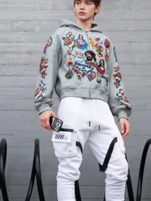 Jesus Hoodie Men's Y2k Zip Up Hoodie Harajuku Hip Hop Streetwear Casual Sweatshirt Hooded - 灰色 - 查看 3