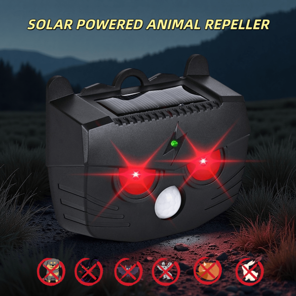 Repelente de animales con energía solar, se carga durante el día con una batería de gran capacidad para un funcionamiento duradero, funciona incluso de día. Cuenta con una función de detección de fuente de calor para emitir ondas ultrasónicas cuando se acercan los animales. IP54 resistente al agua y al polvo, para usar. Adecuado para patios, granjas, pastizales, jardines, patios y otras ubicaciones.