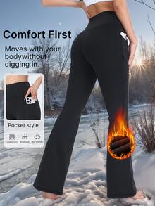 1pc Women's Fleece Flare Pants, Autumn/Winter Leggings, High Waist Lifting Tight Pants With Pockets, Suitable For Fitness, Yoga, Outdoor Sports, Dance, Golf