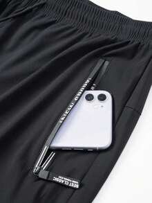 1pc Men's Lightweight Quick-Dry High Elasticity Running Pants With Zipper Pockets - Summer, Solid Black, Drawstring Waist, Suitable For Gym, Hiking And Casual Wear, Casual Sportswear | Fashionable Sweatpants | Durable Activewear - Black - View 7