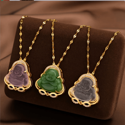 1 Stück Vintage Chinesischer Stil Titan Stahl Buddha Anhänger Halskette mit synthetischem Imitationsjade, Glücksbringer Schmuck für den täglichen Gebrauch & Geschenkidee, geeignet für Valentinstag, Buddha Halsketten