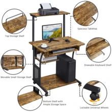 Fullfurnique Rolling 3-Tier Computer Desk With Detachable Top Shelf, Rustic Brown
