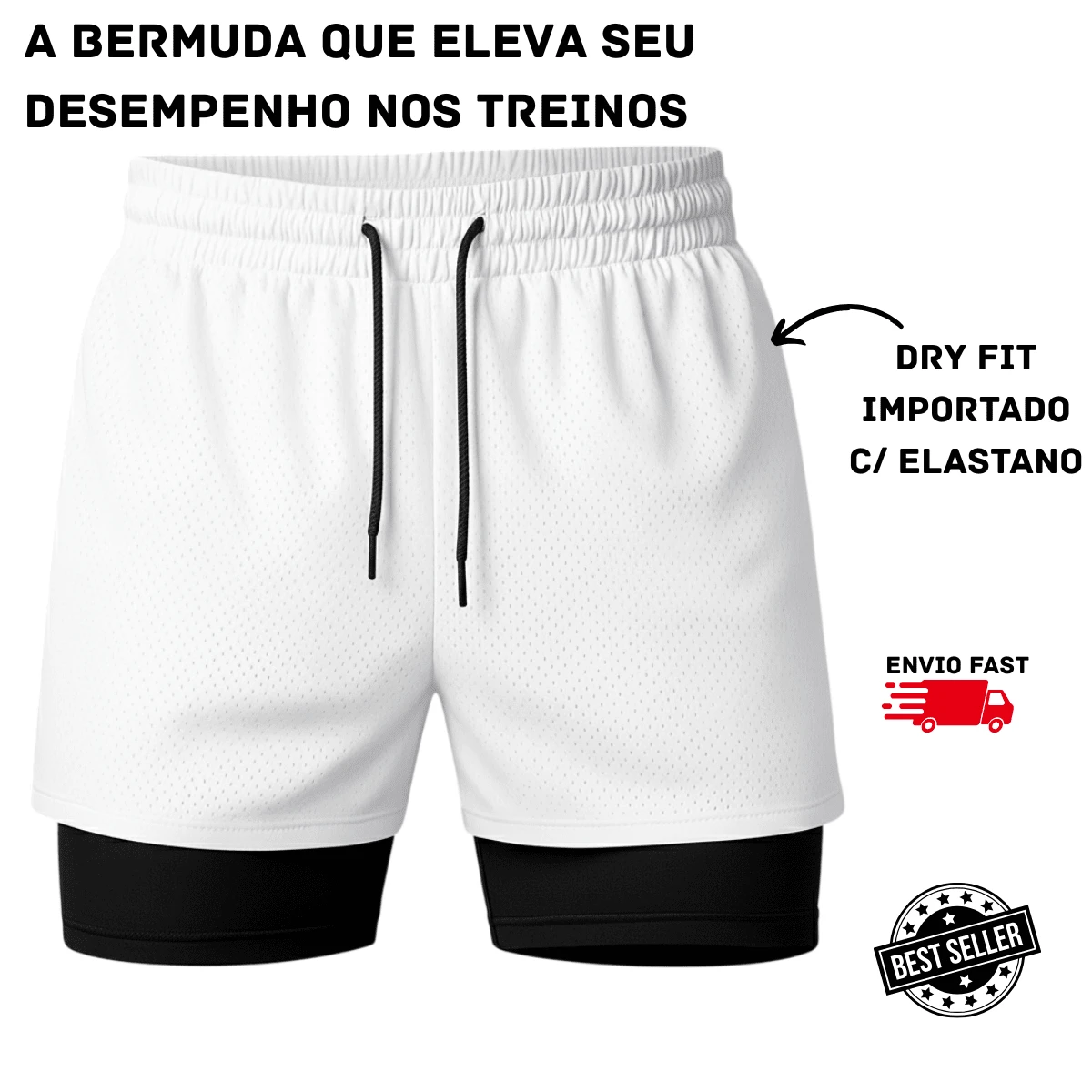 Men's 2-In-1 Imported Compression Shorts – Sports, Gym, Running, Fitness, Quick Dry, High Performance - White - View 1