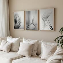 3pcs Unframed Modern Elegant Black&White Dandelion Flower Canvas Poster, Waterproof Canvas Wall Art, Aesthetic Room Decor, Artwork Wall Painting For Gift, Wall Picture For Living Room, Bedroom, Dining Room, Dorm, Home And Office Wall Decor