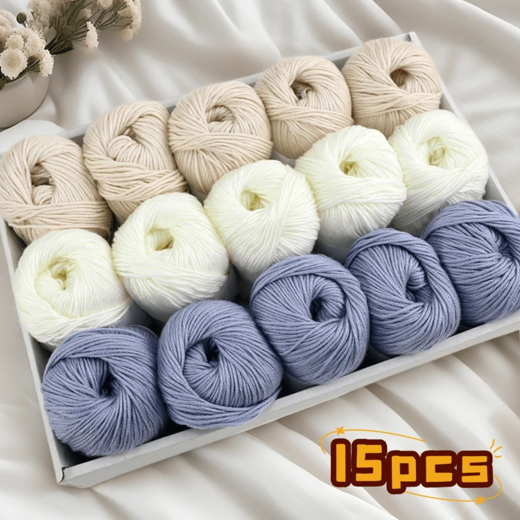 750g, Set de 15 piezas de hilo de mezcla de lujo - Combinación de 3 colores [Aprox. 750g/15 bolas por paquete], Beige suave, Hilo de artesanía multicolor para tejer a mano, Adecuado para mantas de bebé, bufandas, cárdigans, chales y manualidades DIY - 15 ovillos de hilo para bebé de colores a juego - Añade 1