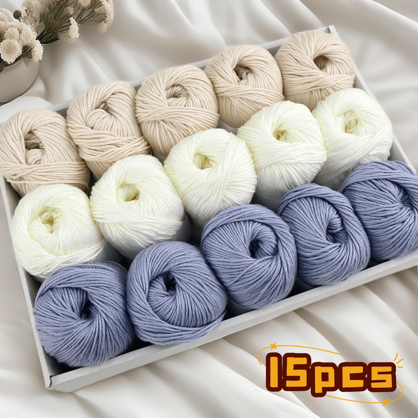 750克，15件套豪华混纺纱线套装 - 3色组合[每包约750克/15个球]，柔软米色，多色手工针织纱线，适用于婴儿毛毯、围巾、开衫、披肩和DIY工艺品 - 15團拼色寶寶線 - 查看 1