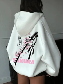 Áo hoodie dáng rộng có dây rút in hoa dành cho nữ, thiết kế đồ họa phổ biến, phong cách đường phố mùa xuân hè (đa năng), phù hợp cho hoạt động thể thao ngoài trời. - trắng - Xem 6