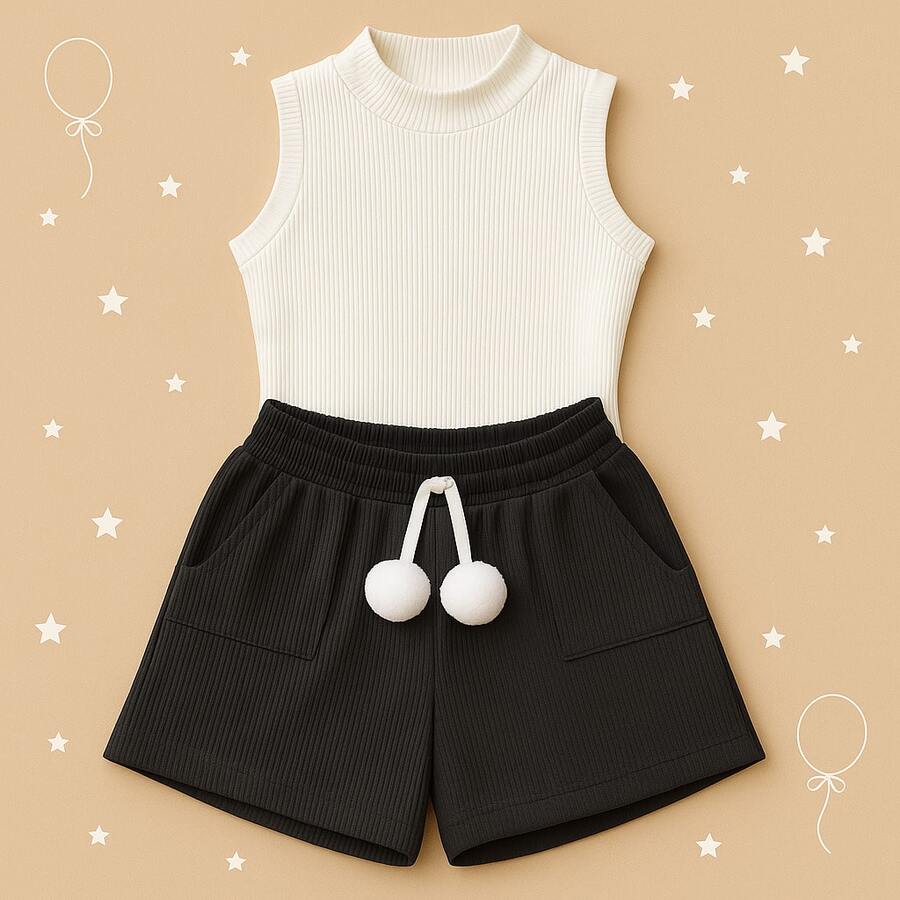 Children's And Youth Set Basic Tank Top + Ribbed Shorts With Pompom Super Stylish 2-Piece Kit For Girls And Teenagers Spring Summer CJI039 - Black and Off - View 1