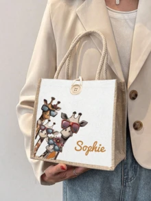1 Pc Personalized Giraffe Pattern Custom Burlap Tote Bag, Large Capacity Printed Tote Bag, Personalized Gift Bag, Gift Bag Women Large Capacity Tote Bag Graduation Gift Letter Printed Fashion Tote Bag, School Gift, Lightweight Shopping Bag, Gift Colorful Pattern Tote Bag For Personal Use Or As A Gift Bag Women, Business Casual