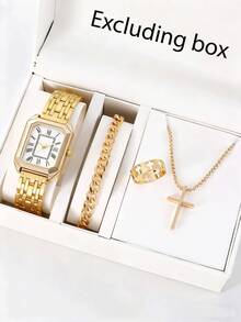 4 件套女士奢华钢带手表，女士时尚简约方形石英腕表套装 - 白色 - 查看 9