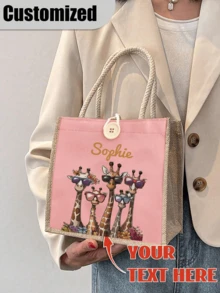 1 Pc Personalized Giraffe Pattern Custom Burlap Tote Bag, Large Capacity Printed Tote Bag, Personalized Gift Bag, Gift Bag Women Large Capacity Tote Bag Graduation Gift Letter Printed Fashion Tote Bag, School Gift, Lightweight Shopping Bag, Gift Colorful Pattern Tote Bag For Personal Use Or As A Gift Bag Women, Business Casual