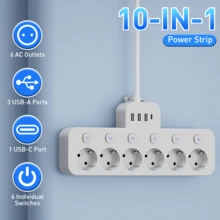 带电涌保护器的多插座电源板，超长延长线，5 英尺/10 英尺/15 英尺多功能电源板，带 6 个 EU AC 插座、3 个 USB 端口和 1 个 Type-C 端口，独立开关设计，可壁挂，适用于家庭、建筑工地、办公室、旅行