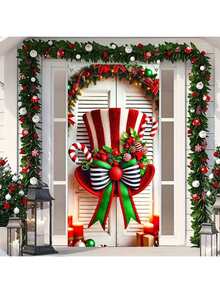 HEGO Christmas Door Banner – 1pc Festive Polyester Candy Cane Bow And Top Hat Design, Multipurpose Holiday Photography Backdrop, Door Decoration For Seasonal Porch, Lawn & Garden Decor Without Electricity Or Batteries