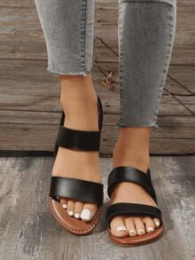 全新大码女式方扣露趾舒适平底拖鞋凉鞋，休闲时尚户外沙滩风格夏季鞋 - 黑色 - 查看 2