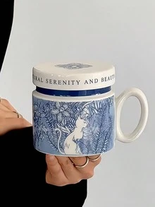 1pc手绘青花猫鸟陶瓷杯带盖，法式青花猫拿铁/咖啡杯带盖，复古青花猫牛奶/果汁杯，适用于餐厅、客厅、咖啡厅 - 彩色 - 查看 12