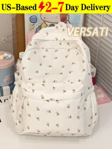 Fashionable Printed Rose Girl's Backpack With Multiple Compartments And Pockets, Thick Student Backpack, Waterproof Backpack, Wearing Teddy Bear Pendant Accessories, Large Capacity, Literary School Bag For Teens, Book Bag For Women Or Students, Perfect For Books, Shopping, Back To School And More, School Essential Stuff For Women, Girls & Students, Perfectly Matching With Backpack Accessories, Bag For School College, Preppy Backpack For School Back To School Essentials, Bags For University, University Essentials - 白色 - 查看 4