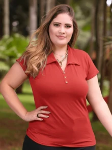 Women's Plus Size Blouse Social Shirt Polo Collar Decorative Button V-Neck Breathable Basic Short Sleeve Spring Summer Everyday Viscolycra Mesh Fashion Elegant Clothing Casual T-Shirt - 紅色 - 查看 4