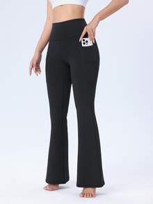 1pc Women's Fleece Flare Pants, Autumn/Winter Leggings, High Waist Lifting Tight Pants With Pockets, Suitable For Fitness, Yoga, Outdoor Sports, Dance, Golf