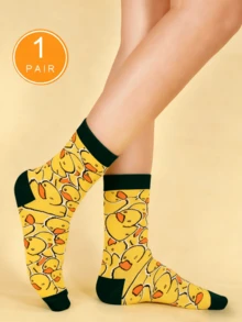 1双黄色水手袜，鸭子图案，休闲中筒袜，适合运动、休闲外出、返校季以及作为圣诞礼物。 - 彩色 - 查看 17