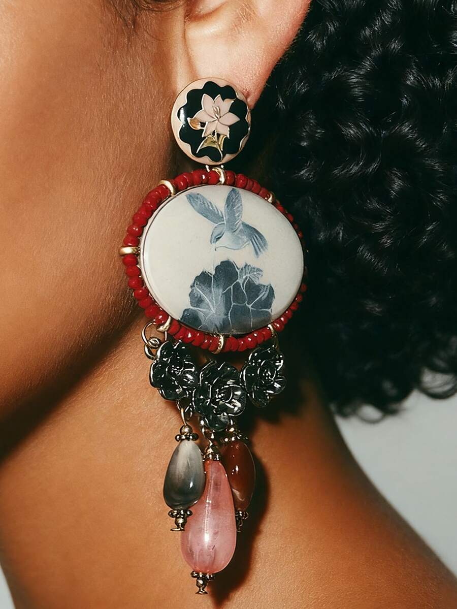 1 pereche cercei retro din rășină din aliaj cu pasăre și floare, eleganți pentru femei, petrecere de seară, purtare zilnică, cadou