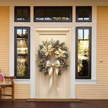 1 pièce Couronne de Noël classique pour décoration de porte - Couronne florale en polyester avec accents dorés et nœud, sans plumes, enseigne décorative intérieure/extérieure pour photobooth et fournitures de fête, 90 x 180 cm