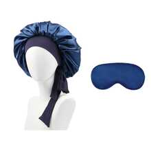 طقم من قبعة نوم طويلة الشعر للنساء بألوان سادة مع ربطات، قبعة مكياج بشرائط طويلة، وقناع نوم من الحرير الصناعي بلون سادة