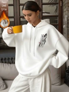 Áo hoodie dáng rộng có dây rút in hoa dành cho nữ, thiết kế đồ họa phổ biến, phong cách đường phố mùa xuân hè (đa năng), phù hợp cho hoạt động thể thao ngoài trời. - trắng - Xem 3