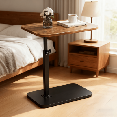 Modern Adjustable Height Rotating C-Shaped Side Table, Steel Frame Walnut Veneer HDF Countertop - Heavy-Duty Four-Wheel Rolling Storage Design, Suitable For Sofas, Beds, Living Rooms, Offices, Space Saving, Small-Sized Furniture, Easy Assembly, Sofa Accessories, Sturdy Structure