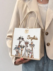 1 Pc Personalized Giraffe Pattern Custom Burlap Tote Bag, Large Capacity Printed Tote Bag, Personalized Gift Bag, Gift Bag Women Large Capacity Tote Bag Graduation Gift Letter Printed Fashion Tote Bag, School Gift, Lightweight Shopping Bag, Gift Colorful Pattern Tote Bag For Personal Use Or As A Gift Bag Women, Business Casual