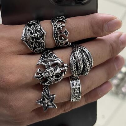 6pcs Adjustable Vintage Silver Punk Open Ring Set, Unisex, Suitable For Stacking, Gothic Skull Snake Star Y2K Boho Style