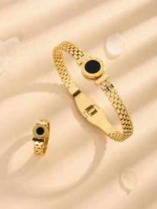 2 cái/bộ Châu Âu và Châu Mỹ Sành điệu Màu vàng Đĩa nhạc Chữ số La Mã Vòng tay & Bộ nhẫn , Thích hợp Đối với Mặc hàng ngày - Vàng - Xem 6