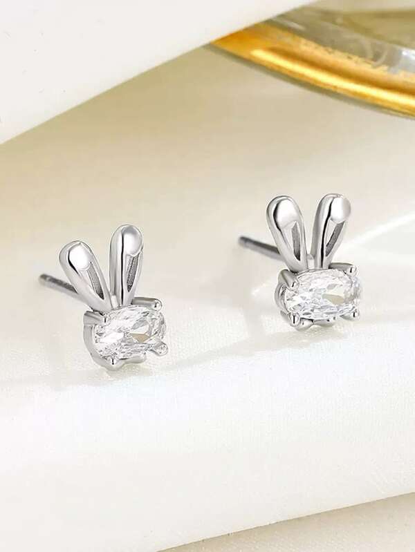 Pendientes de botón de conejo con diamantes brillantes de plata de ley 925, delicados y adorables, versátiles y alegres, imprescindibles para las fashionistas