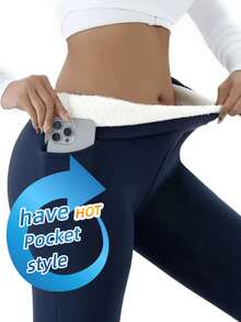 1 Paio di Pantaloni Base, Colore Unito Casual-Sportivo in Tessuto Maglia, Pantaloni Vita Alta Neri Taglia Grande, Foderati e Rinforzati Slim-Fit Lunghi, Pantaloni Aderenti Invernali ed Autunnali Simili alla Lana, Pantaloni Caldi, Pantaloni Vita Alta da Donna, Pantaloni da Yoga con Tasche - Blu Navy - Visualizzare 8