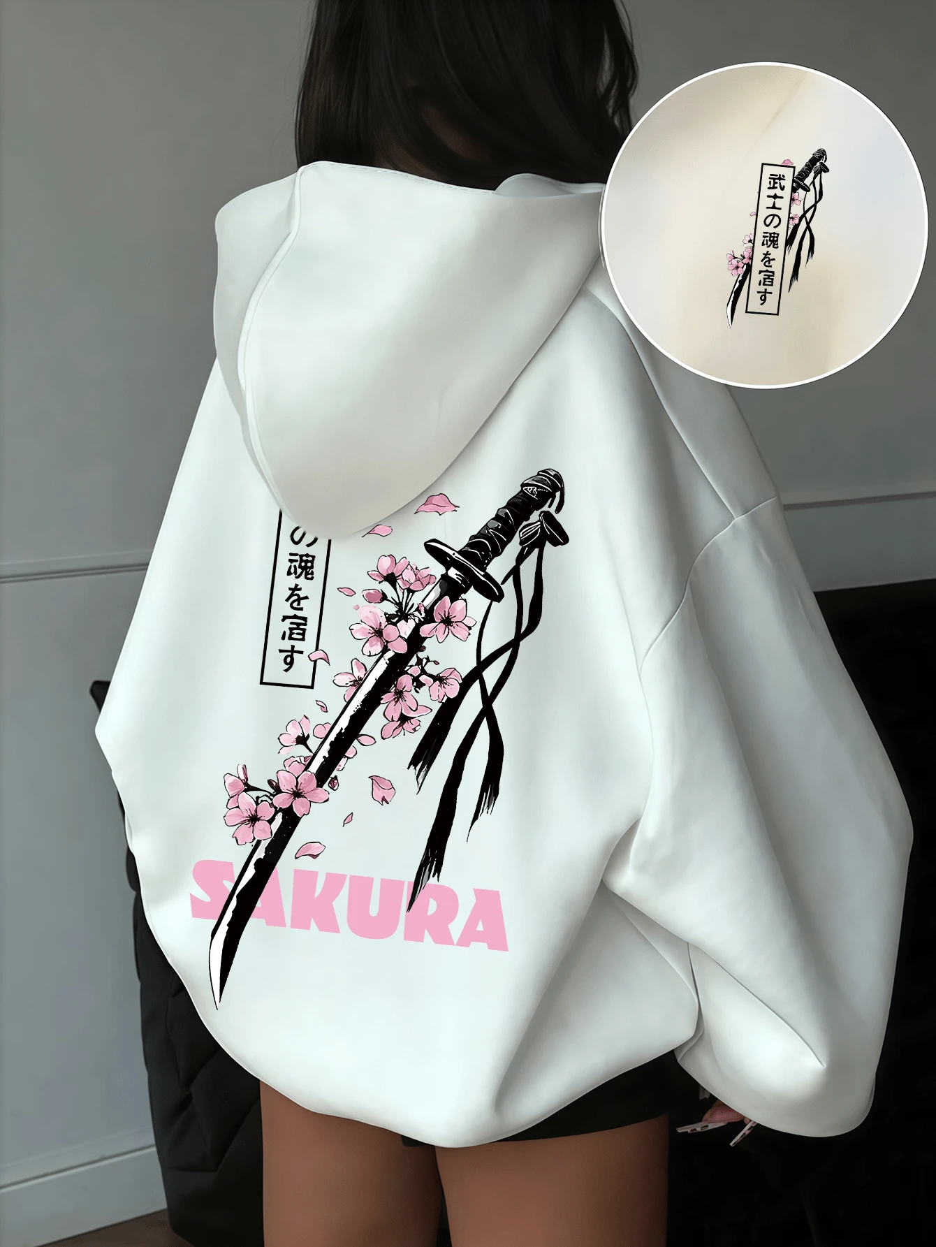 Áo hoodie dáng rộng có dây rút in hoa dành cho nữ, thiết kế đồ họa phổ biến, phong cách đường phố mùa xuân hè (đa năng), phù hợp cho hoạt động thể thao ngoài trời. - trắng - Xem 1