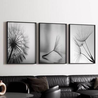 3pcs Unframed Modern Elegant Black&White Dandelion Flower Canvas Poster, Waterproof Canvas Wall Art, Aesthetic Room Decor, Artwork Wall Painting For Gift, Wall Picture For Living Room, Bedroom, Dining Room, Dorm, Home And Office Wall Decor