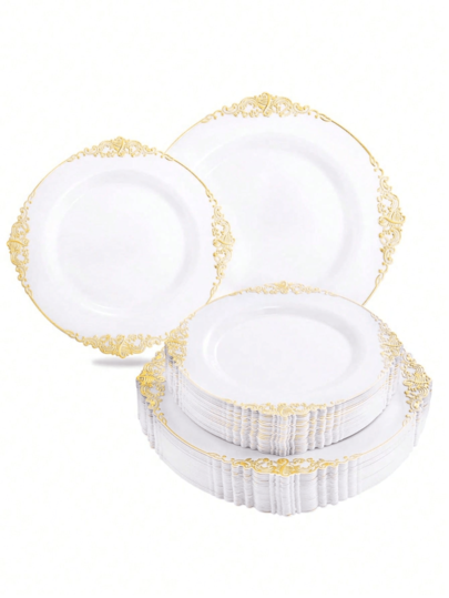 25 pezzi (19cm/26cm) Piatti multisize con bordo argento su sfondo bianco, motivo drago di lusso, adatti per insalata di frutta, riutilizzabili e lavabili, ideali per riunioni familiari, attività di gruppo, eventi all'aperto, team building