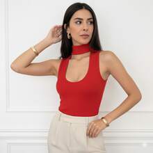 Women's Tank Top With Deep V-Neckline, High Collar, Choker, Sensual, Night Party Look - Đỏ - Xem 1