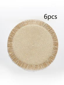 1pc/4pcs/6pcs/8pcs Khaki/Beige Round Woven Rattan Double Color Tassel Placemats, Heat Resistant Non-Slip Kitchen Table Mats, Insulation Pads, Table Decor For Party Dinner - Beige - View 15